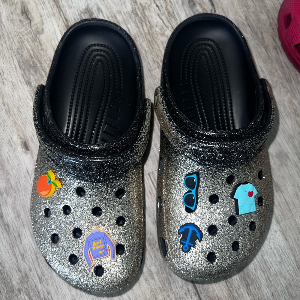 CROCS Black and Silver Slippers with Ventilation Holes